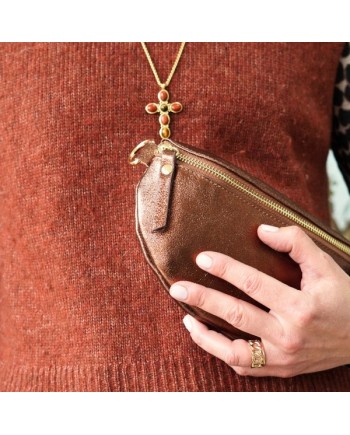 Sautoir croix coloré émaillé prune, orange, gris, chaîne doré large.