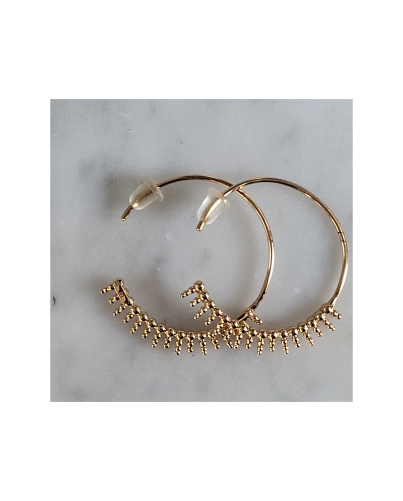 créoles fines motif laurier ou picots, plaqué or 3 microns, percée.