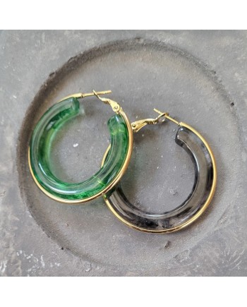 Créoles 2 en 1 en acier inoxydable doré – Support plexi vert ou marron