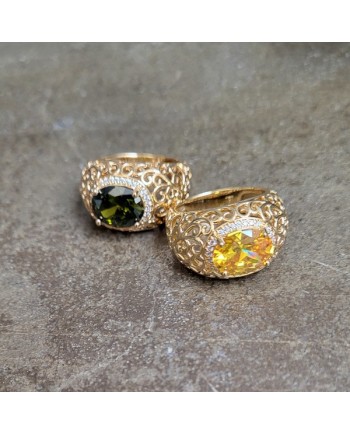 Bague plaqué or 3 microns pierre brillante verte ou jaune – bijou élégant