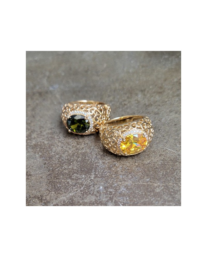 Bague plaqué or 3 microns pierre brillante verte ou jaune – bijou élégant