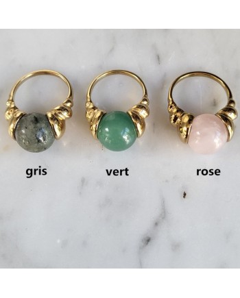 Bague plaqué or pierre ronde gris vert rose – bijou moderne et élégant