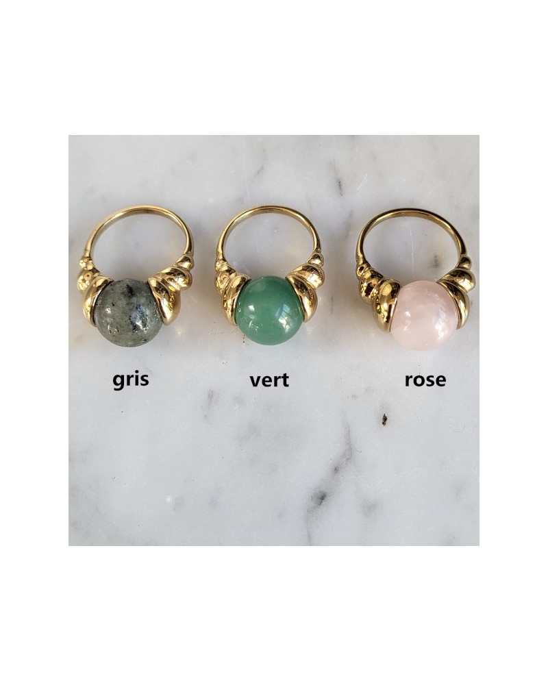 Bague plaqué or pierre ronde gris vert rose – bijou moderne et élégant