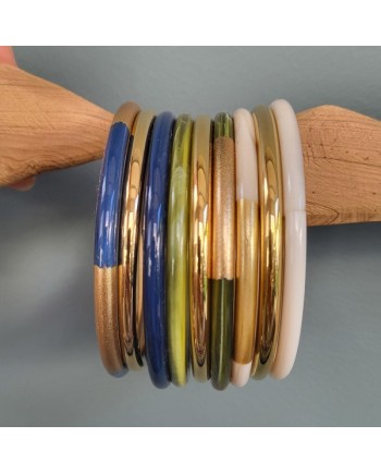 Joncs en corne de buffle et métal – Lot de 3 bracelets – Coloris kaki, blanc ou bleu