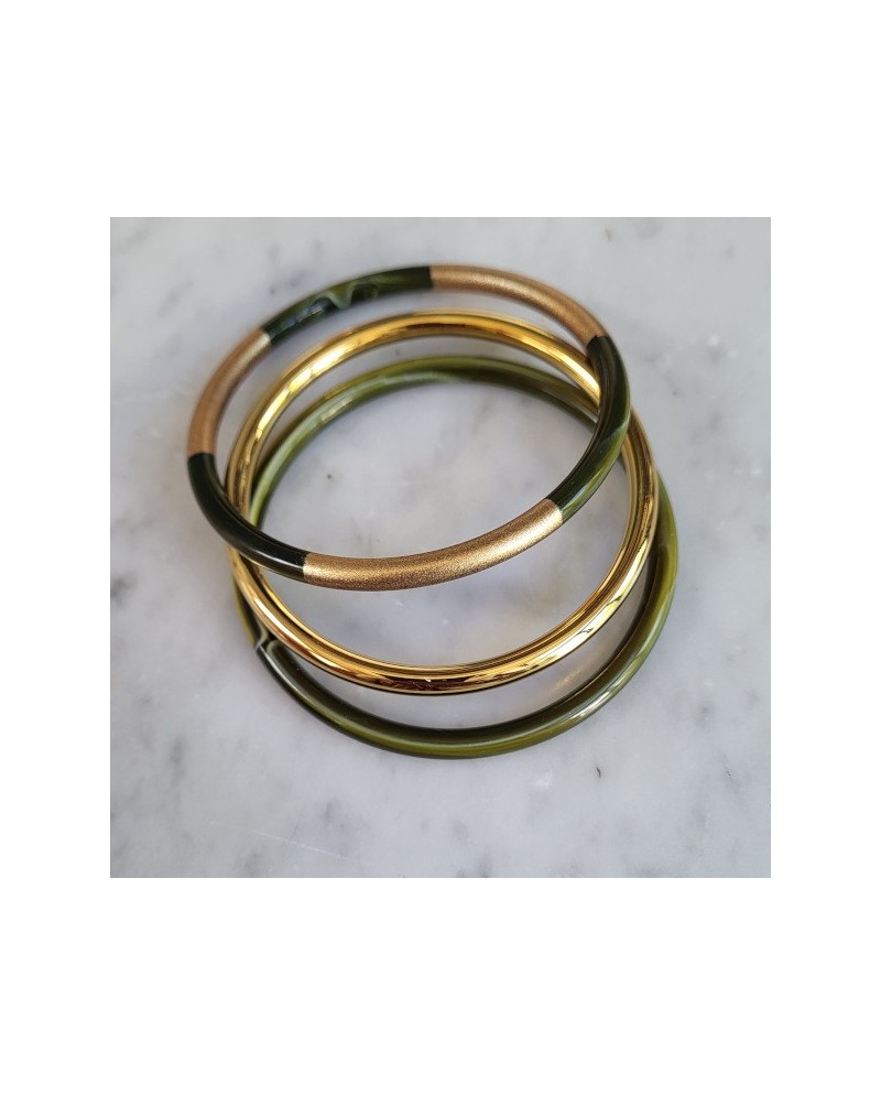 Joncs en corne de buffle et métal – Lot de 3 bracelets – Coloris kaki, blanc ou bleu