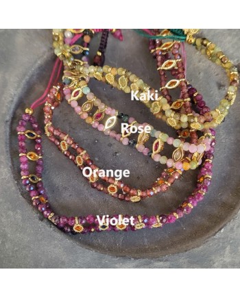 Bracelets souples perles style manchette – Coloris kaki, violet, rose pâle et orangé