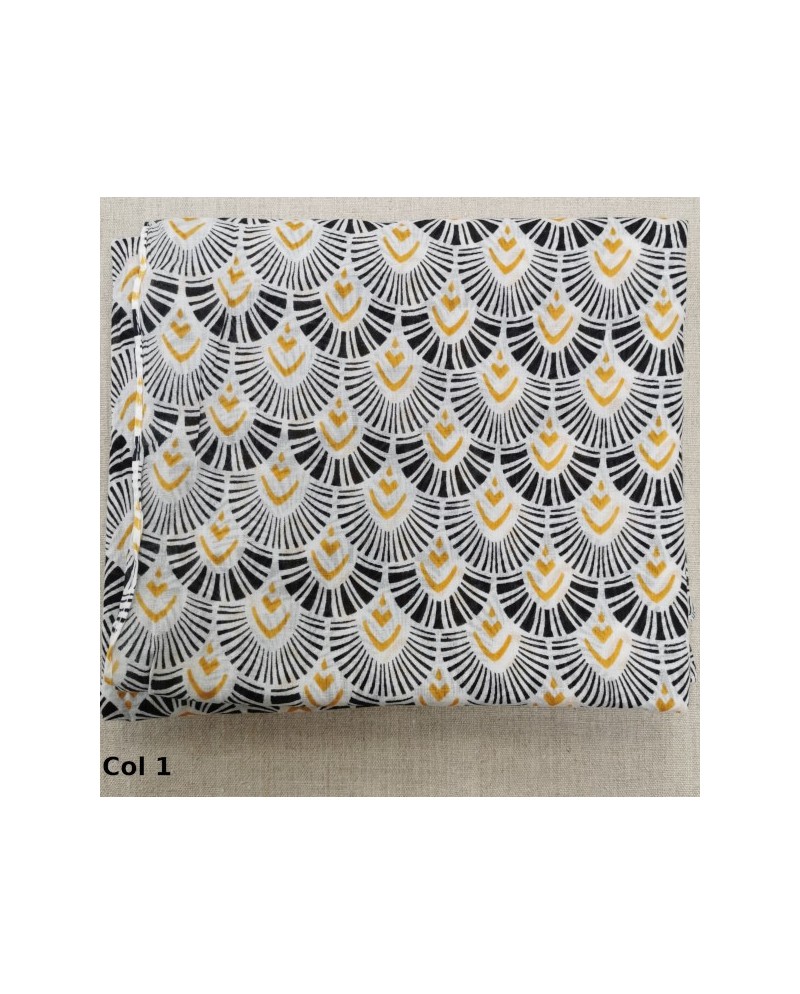 foulard 100% coton, jaune, ocre et imprimés, avec ou sans pompons