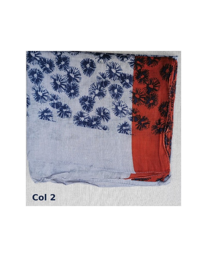 Foulard imprimé bleu jean et rouge en 100% coton, homme et femme