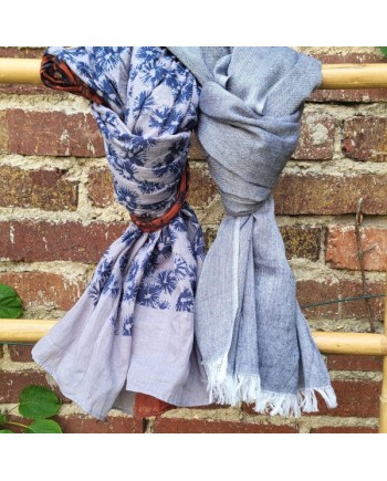 Foulard imprimé bleu jean et rouge en 100% coton, homme et femme