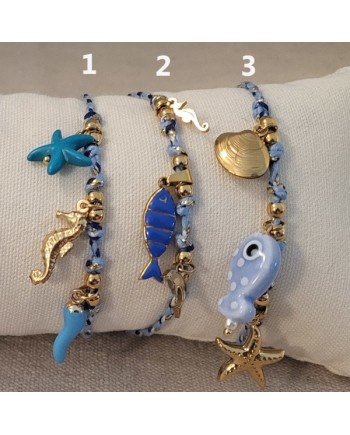 Bracelet breloques mer – Poisson, étoile de mer & coquillage, ajustable
