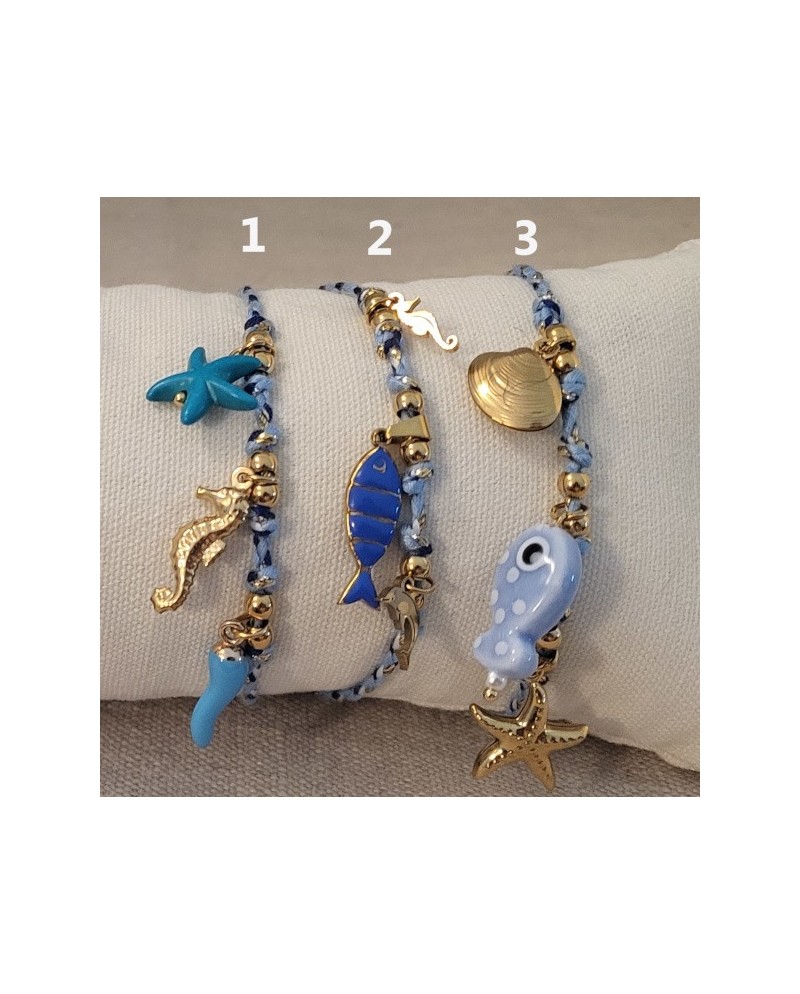 Bracelet breloques mer – Poisson, étoile de mer & coquillage, ajustable