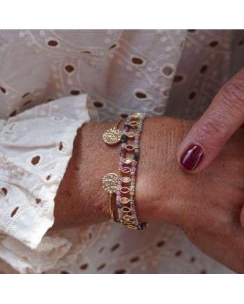 Bracelets souples perles style manchette – Coloris kaki, violet, rose pâle et orangé