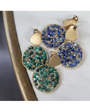 Boucles d'oreilles rondes dorées aux perles entrelacées bleu jean et vert