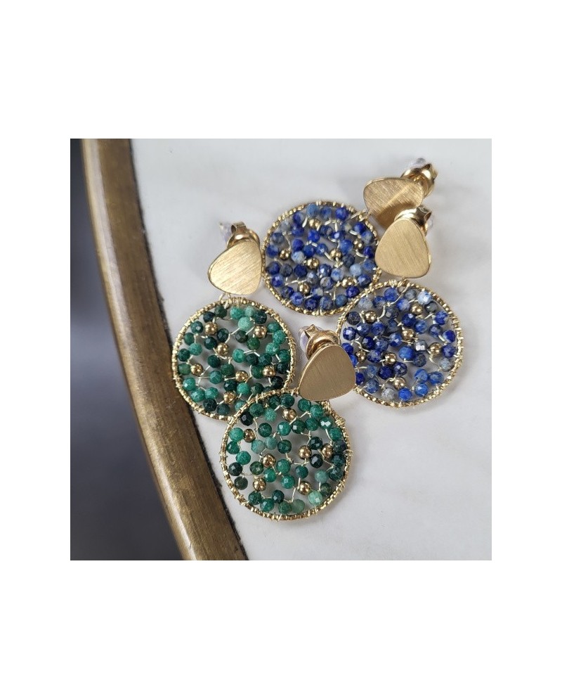 Boucles d'oreilles rondes dorées aux perles entrelacées bleu jean et vert
