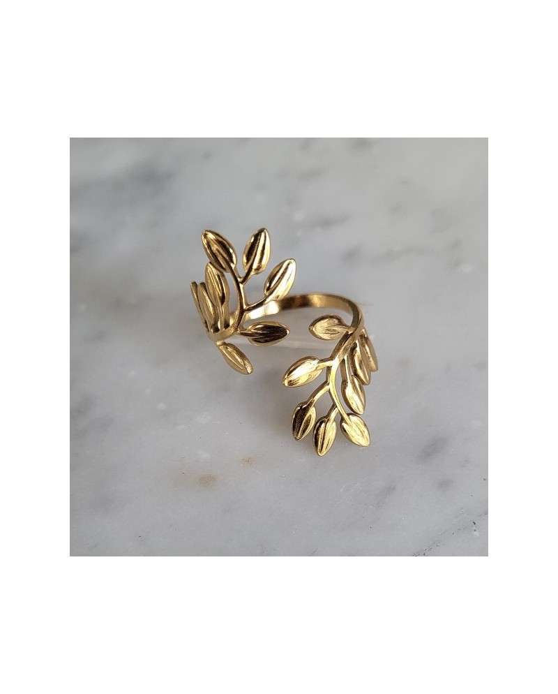 Bague feuillage dorée ajustable en acier inoxydable