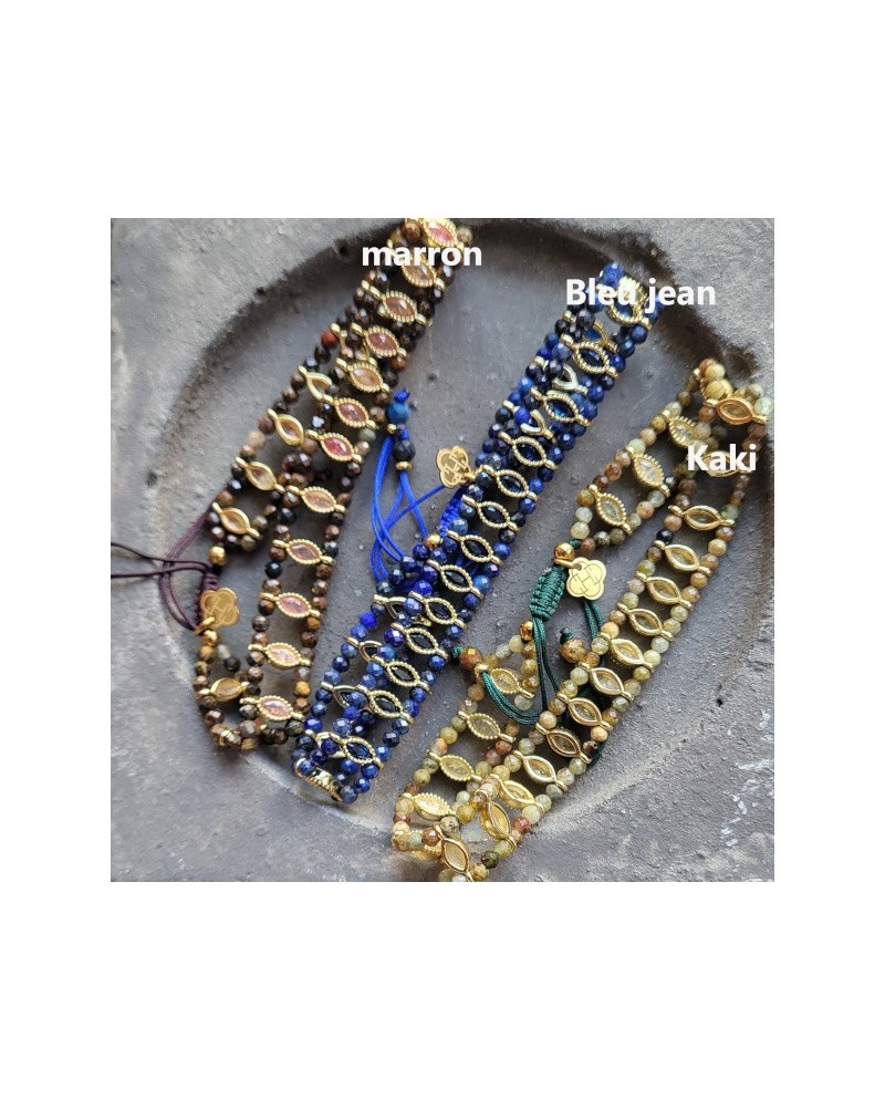 Bracelets à perles facettées bleues et acier inoxydable doré