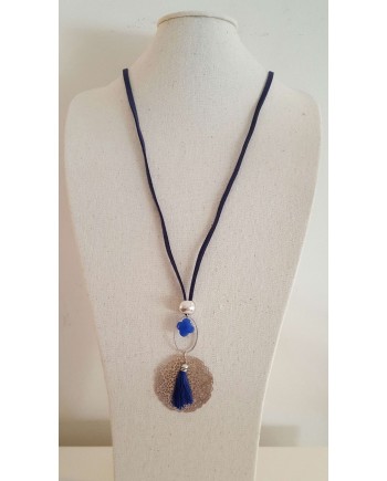 Sautoir arabesque argenté bleu vif sur lien coton