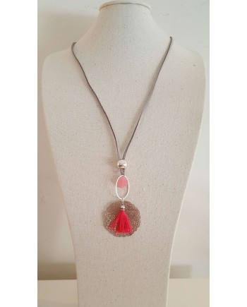 Sautoir arabesque argenté fushia sur lien coton