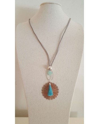 Sautoir arabesque argenté turquoise sur lien coton