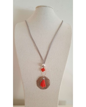 Sautoir arabesque argenté corail sur lien coton