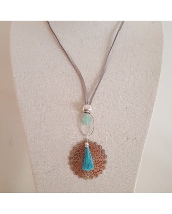 Sautoir arabesque argenté turquoise sur lien coton