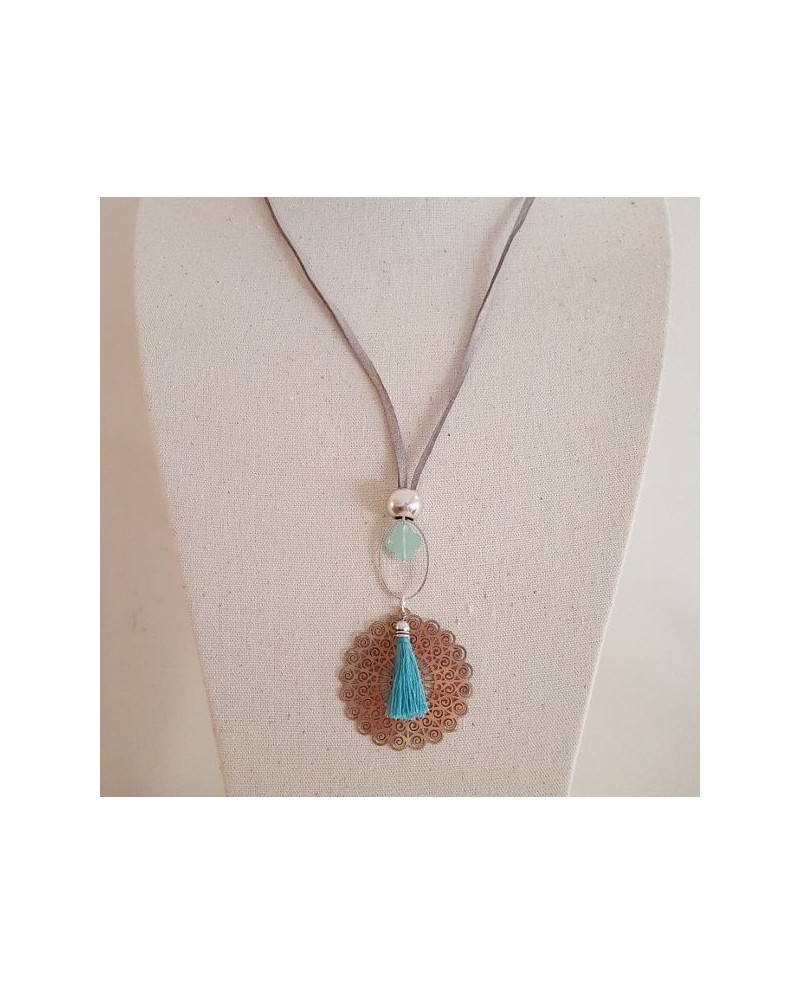 Sautoir arabesque argenté turquoise sur lien coton