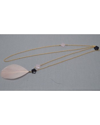 Sautoir Doré  sur chaîne fantaisie et Plume coloris rose pâle