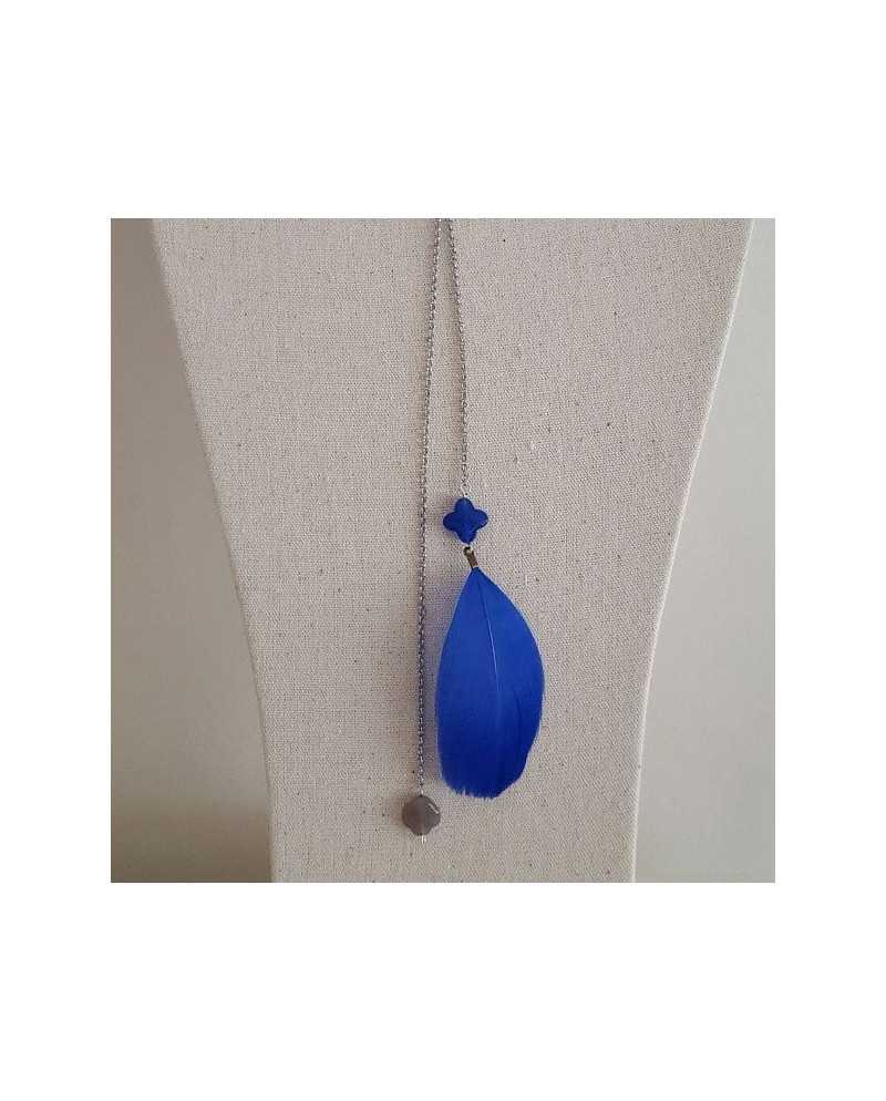 Sautoir Argenté  sur chaîne fantaisie et Plume coloris bleu vif