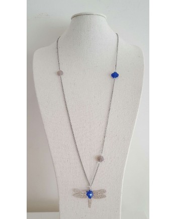 Sautoir Argenté sur chaîne fantaisie avec libellule et pierre coloris bleu vif