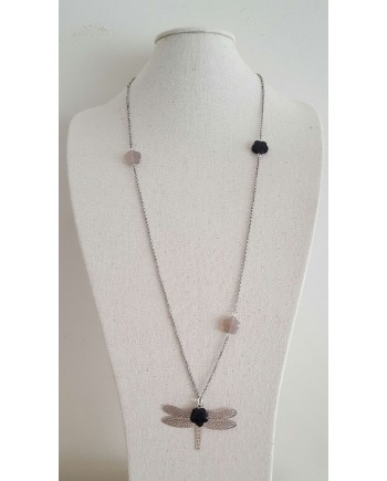 Sautoir Argenté sur chaîne fantaisie avec libellule et pierre coloris bleu nuit