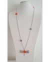 Sautoir Argenté sur chaîne fantaisie avec libellule et pierre coloris corail