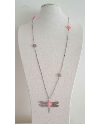Sautoir Argenté sur chaîne fantaisie avec libellule et pierre coloris rose