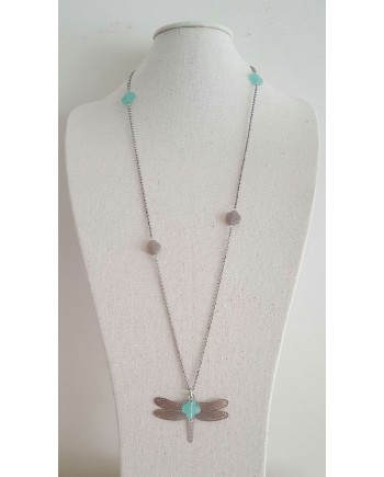 Sautoir Argenté sur chaîne fantaisie avec libellule et pierre coloris turquoise