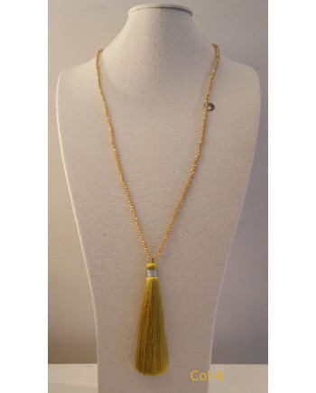 Sautoir pompon et perles facettes pompon jaune