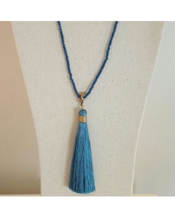 Sautoir pompon et perles facettes pompon bleu jean