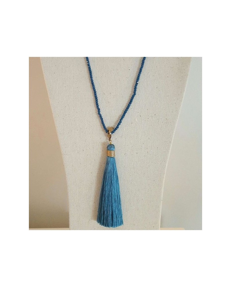 Sautoir pompon et perles facettes pompon bleu jean