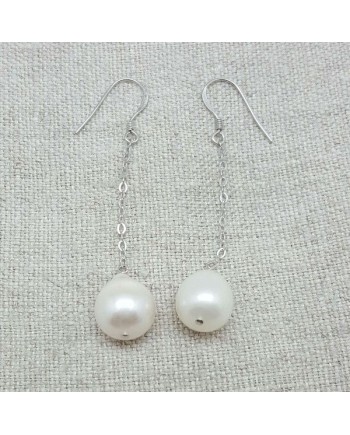 Boucle d'Oreille longue et perle naturelle sur chaîne Argent clip ou percée