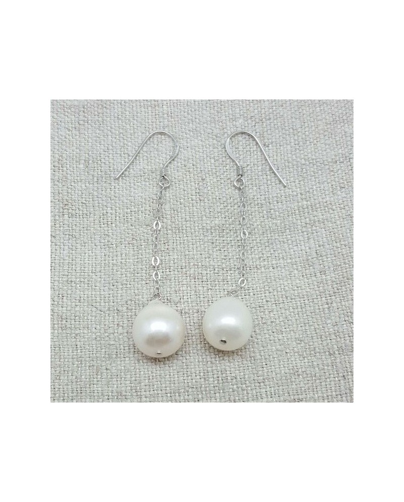 Boucle d'Oreille longue et perle naturelle sur chaîne Argent clip ou percée