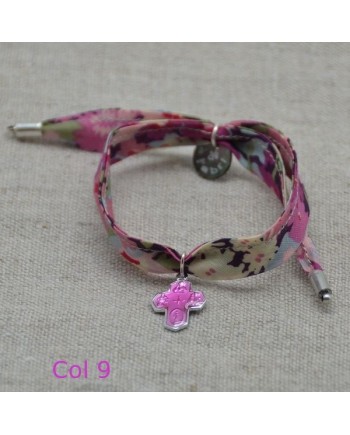 Bracelet religieux lien liberty et  croix émaillé rose