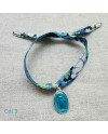 Bracelet religieux lien liberty et  médaille miraculeuse turquoise