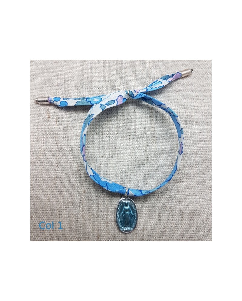 Bracelet religieux lien liberty et  médaille miraculeuse turquoise