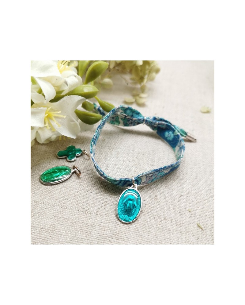 Bracelet religieux lien liberty et  médaille miraculeuse turquoise