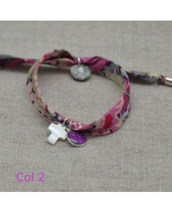 Bracelet religieux lien liberty croix nacre et vierge émaillée violet