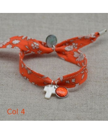 Bracelet religieux lien liberty croix nacre et vierge émaillée orange