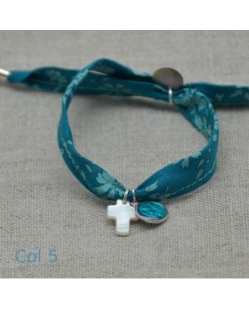 Bracelet religieux lien liberty croix nacre et vierge émaillée turquoise