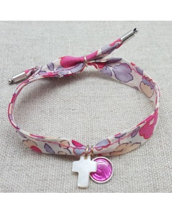 Bracelet religieux lien liberty croix nacre et vierge émaillée rose