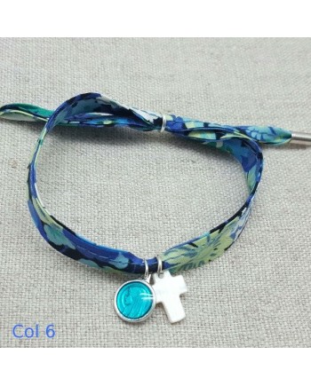 Bracelet religieux lien liberty croix nacre et vierge émaillée turquoise
