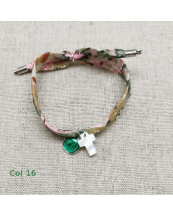 Bracelet religieux lien liberty croix nacre et vierge émaillée rose