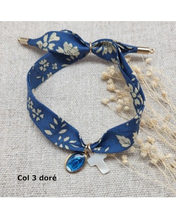 Bracelet religieux lien liberty croix nacre et vierge émaillée rose