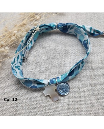 Bracelet religieux lien liberty croix nacre et vierge émaillée rose